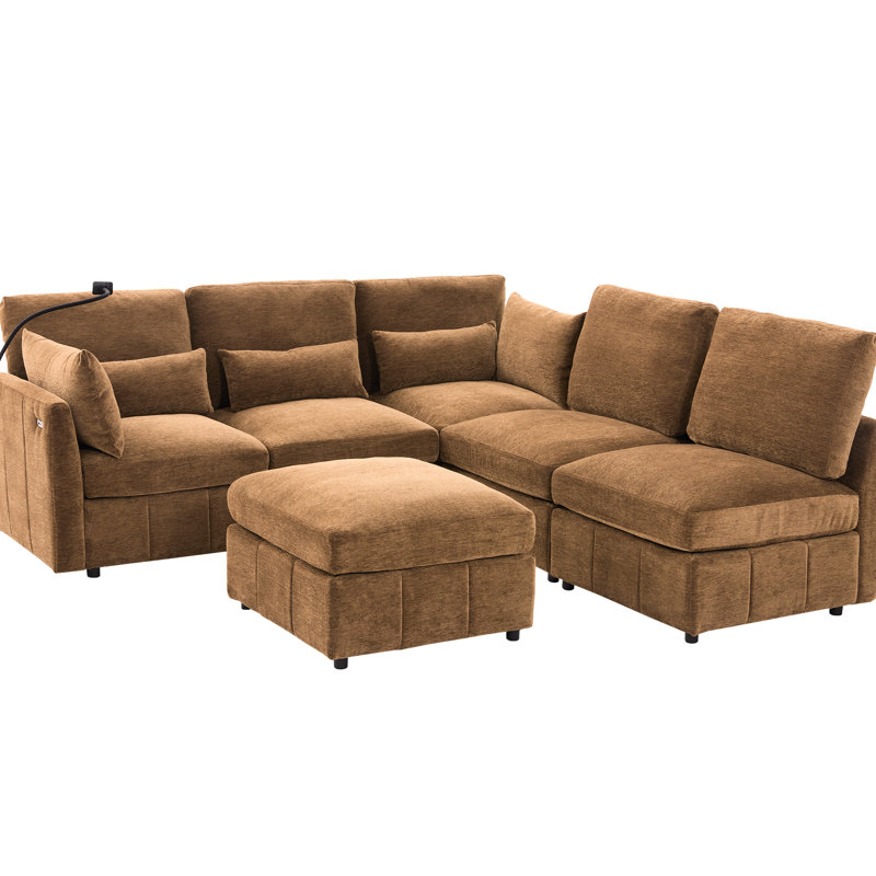 Brown 85.4" Multi - Functional Modular Sectional With Charging Ports, Phone Holder, And Lumbar Pillows For Contemporary Home Decor L Shaped Movable , Ergonomic Flexible Furnishing