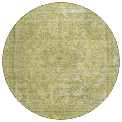8' Fern Green And Sage Round Medallion Washable Indoor Outdoor Area Rug