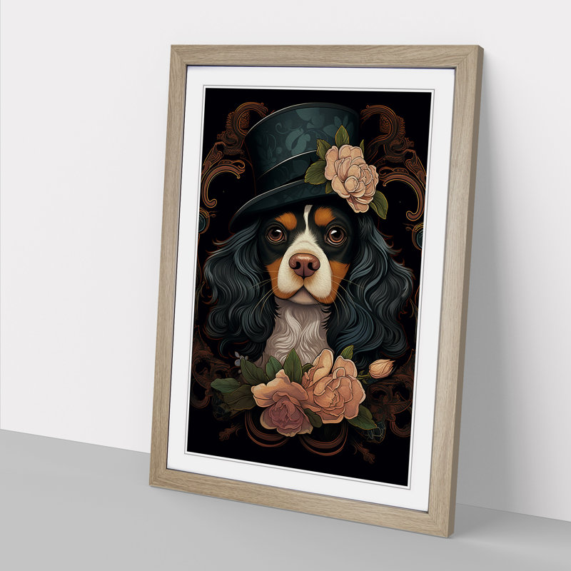 Cavalier King Charles Spaniel Art Deco No.3 - Single Picture Frame Print on Wood, Oak, 46cm H x 34cm W x 2cm D