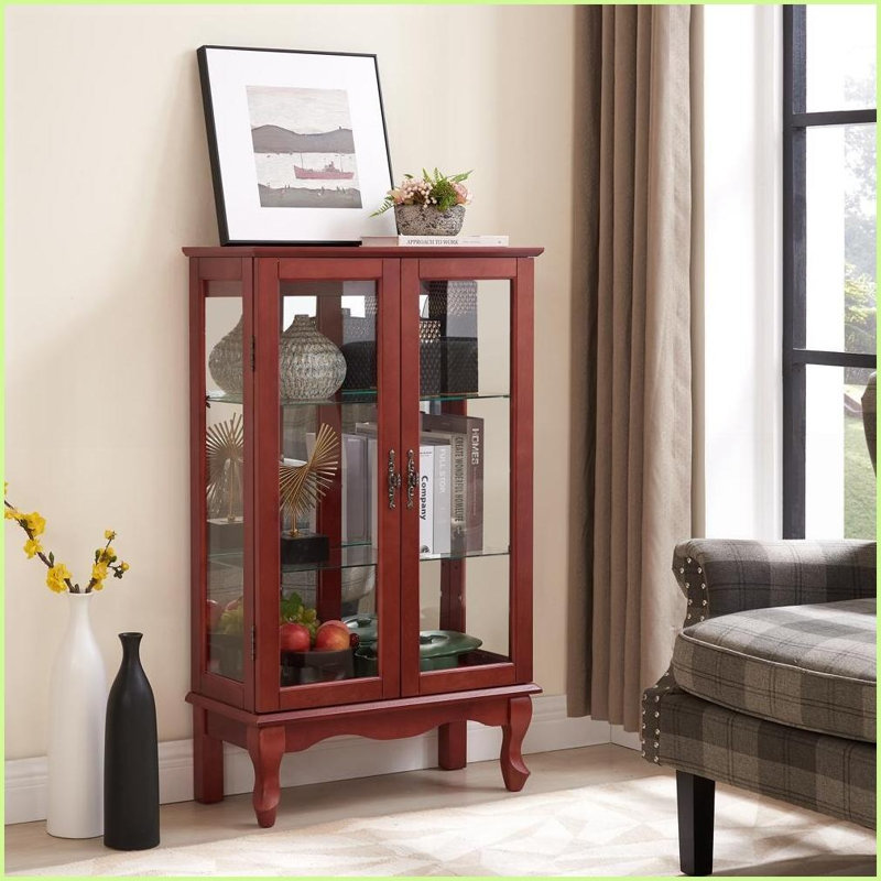 Curio Cabinet, American Retro Lighted Display with Tempered Glass Doors, Mirrored Back &amp; Adjustable Shelves | Cherry | MDF+glass