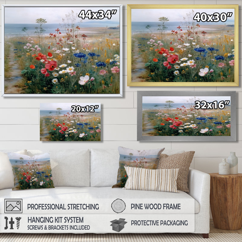 «Red Blue English Countryside Bloom of Wildflowers», reproduction d'art sur toile florale rouge, H 12 po x l 20 po, Doré