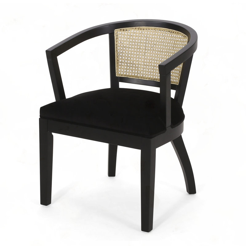 Black Velvet Upholstered Wood and Cane Arm Chair Set