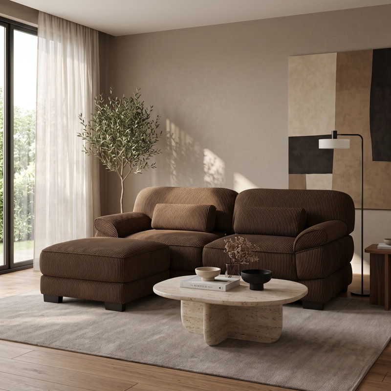 Canapé d'angle modulaire 2 places en velours côtelé brun avec pouf amovible et assises profondes, 2 places + 1 repose-pieds