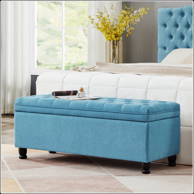 Banc de rangement rembourré capitonné à boutons, banc d'entrée en tissu de lin avec pieds en bois à broche, banc de lit