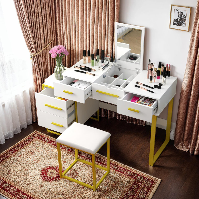 Ensemble de coiffeuse compacte avec 4 tiroirs, ensemble de coiffeuse à maquillage, Blanc