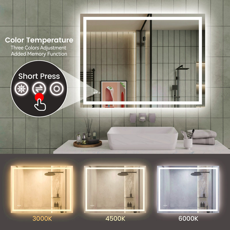 Miroir de salle de bain 48 po * 36 po à DEL, éclairé à l'avant et à l'arrière, gradable en continu, 3 couleurs CRI90 +, mémoire de luminosité, incassable, miroir de meuble-lavabo à DEL antibuée, imperméable IP44