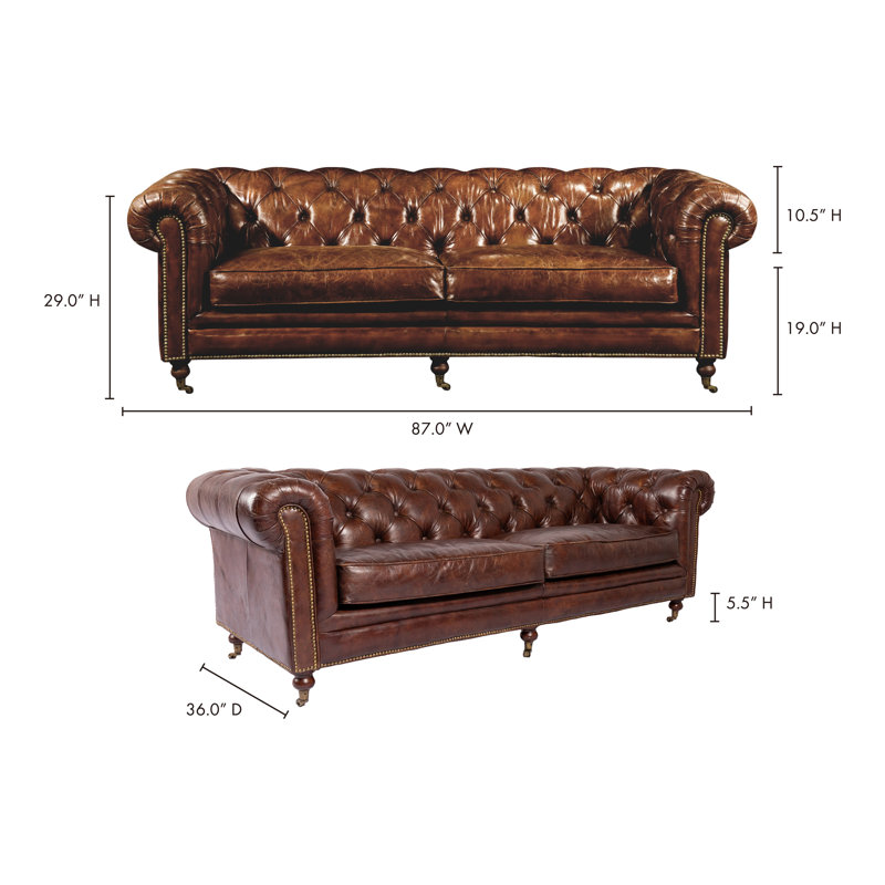 87" Genuine Leather Rolled Arm Chesterfield Sofa with Reversible Cushions, Brown Genuine Leather