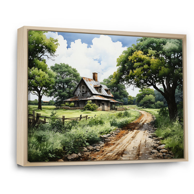 Farmhouse Natures Embrace Pointillism - impression, Cadre naturel flottant, H 16 po x l 32 po x P 1 po