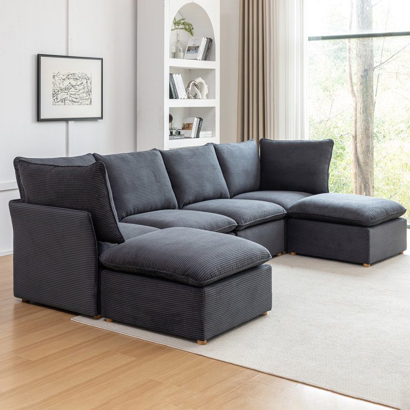 Hepworth Dejohn Corduroy Sectional Sofa With Two Ottomans, Gray Corduroy, 36" H x 125" W x 62.5" D