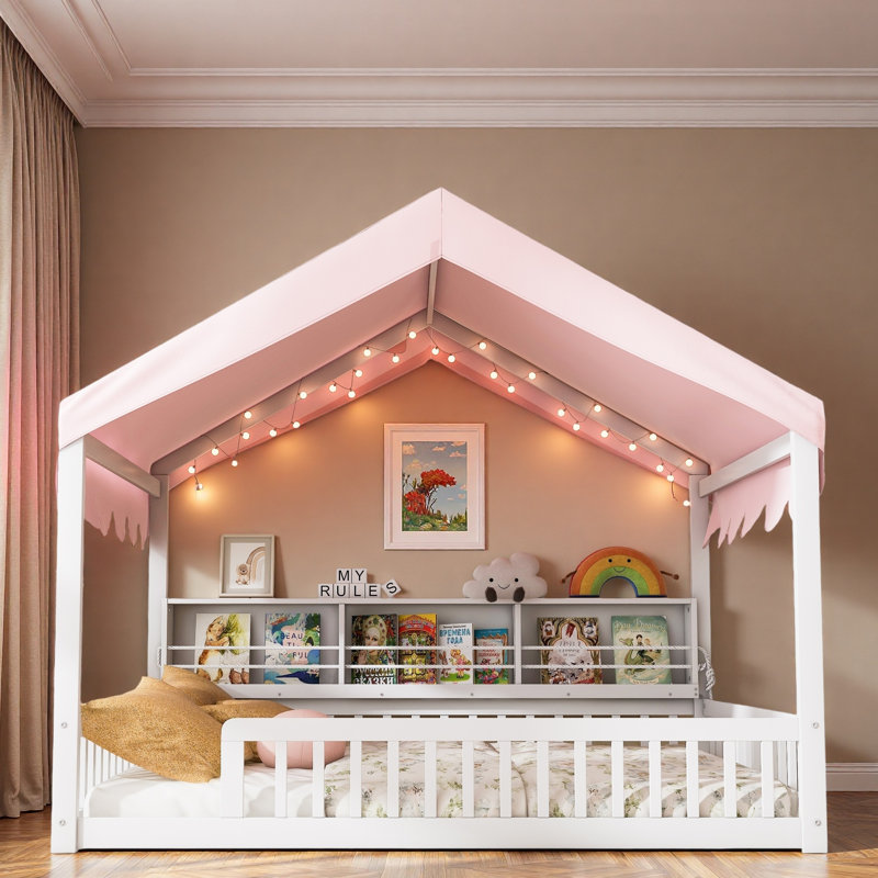 Lit en bois avec auvent, 3 étagères de rangement et lumière DEL, Blanc