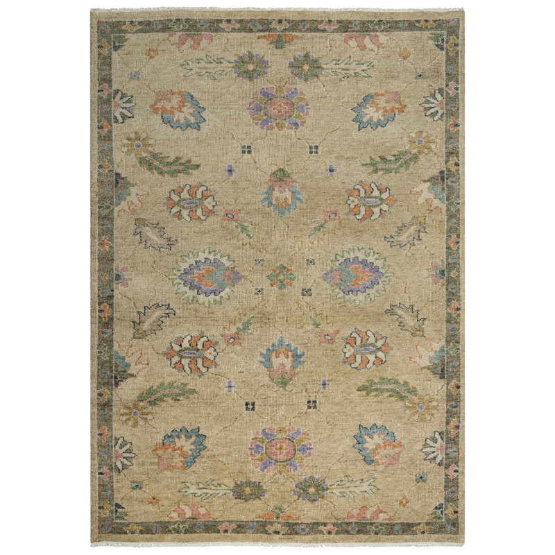 Tapis beige floral en laine noué à la main, Rectangle 6 pi x 9 pi