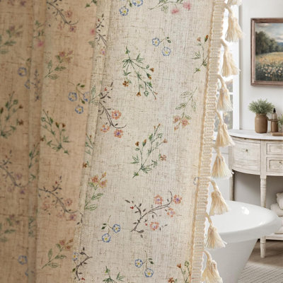 Floral Farmhouse Vintage Linen Shower Curtain, French Country Spring Shower Curtains for Bathroom with Tassels, 72Wx72H
