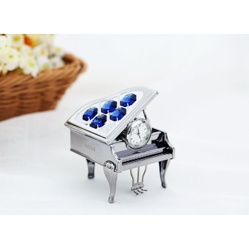 Silver Chrome Piano Desk Clock with Blue Crystals