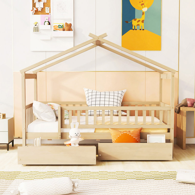 Lit en bois avec deux tiroirs, Naturel, Lit simple