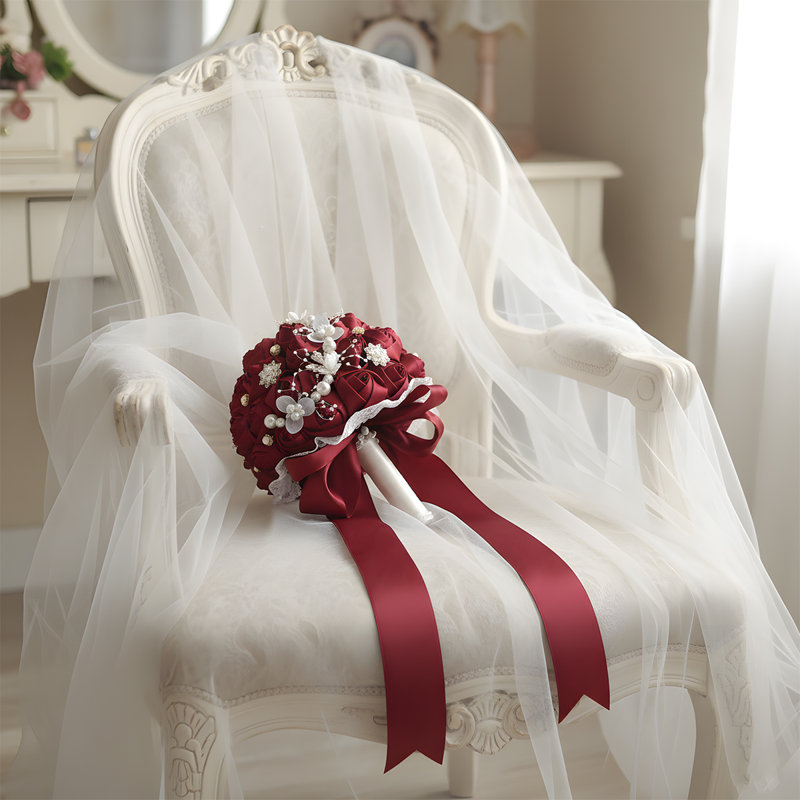 Bouquet de mariage rond en satin de rose fait à la main 7 pouces, Rouge