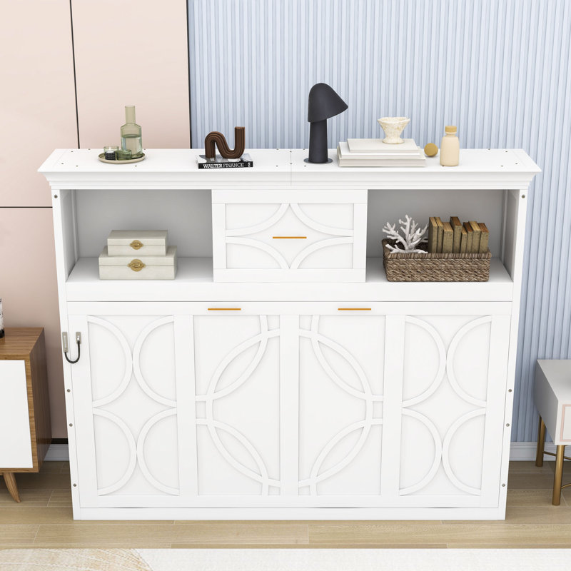 Lit escamotable 1 place en bois avec station de charge et tablettes, Blanc