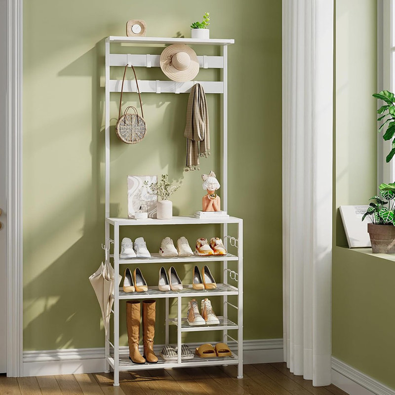 Portemanteau moderne à 5 niveaux - Porte-chaussures et portemanteau en bois blanc avec 9 crochets réglables en métal, organisateur de rangement d'entrée pour la maison, le bureau, le salon