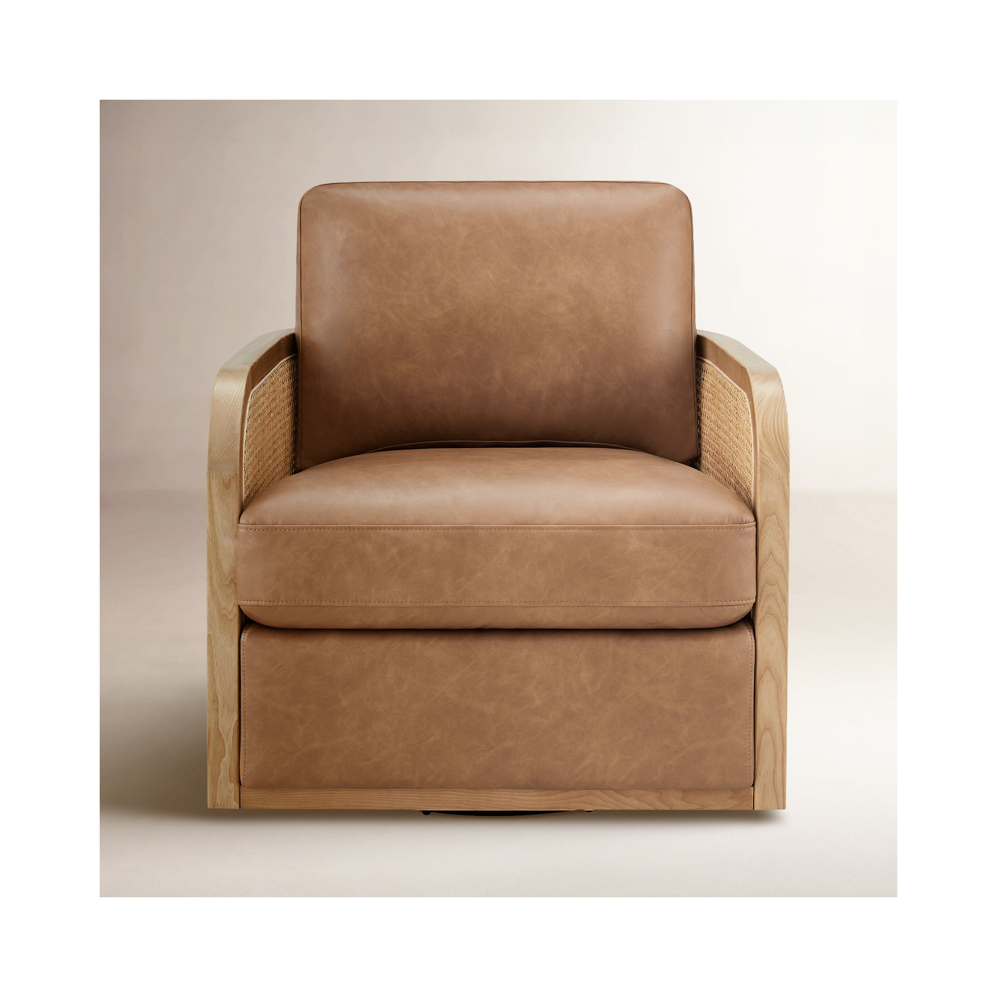 Juliette Leather Natural Cane Swivel Barrel Chair, Copley Camel Vegan Leather
