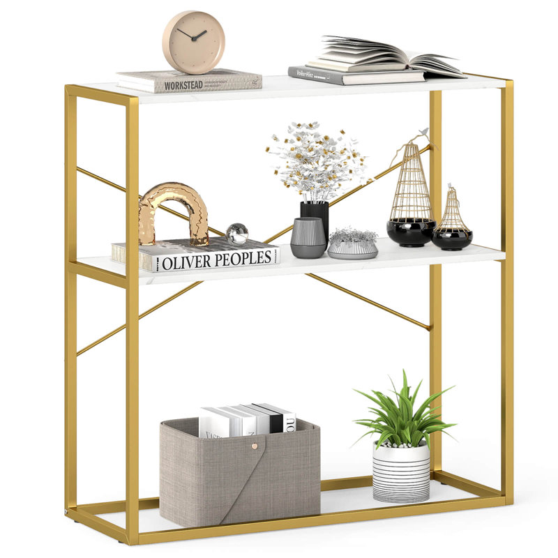 36” Console Table with Wooden Textured Open Shelves & Metal Frame for Hallway White