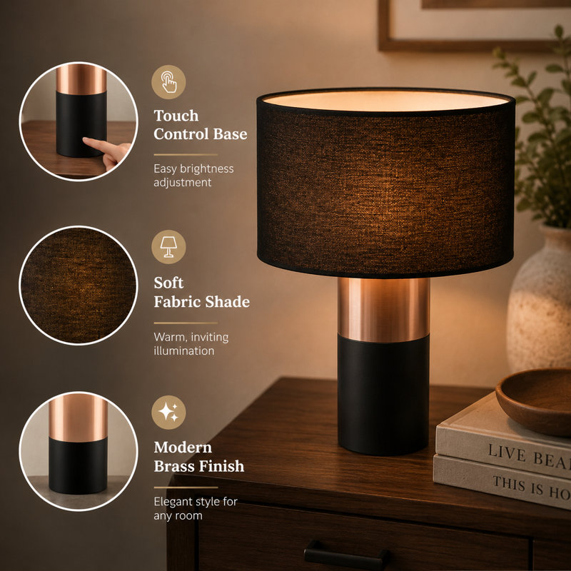 Kallie Modern Brass Table Lamp with Fabric Shade & Touch Control Base, Dimmable Accent Lamp for Bedroom, Living Room & Office
