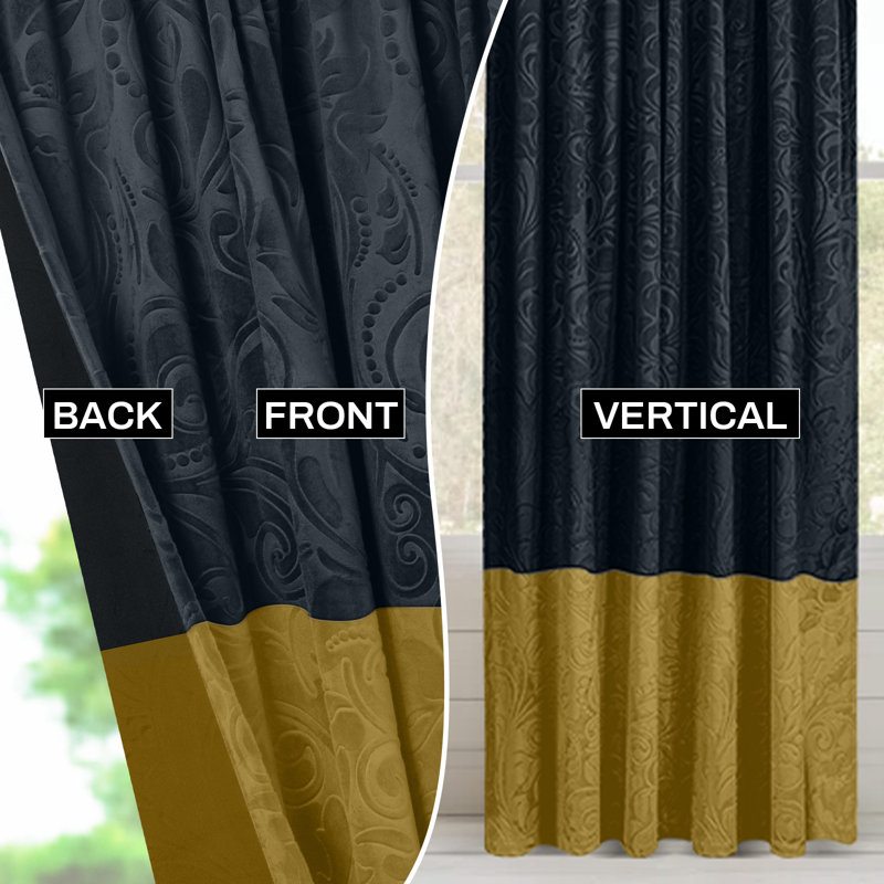 Rideaux occultant luxueux en velours à motif floral damassé et isolant thermique, L 52 po x L 108 po, Noir / Jaune