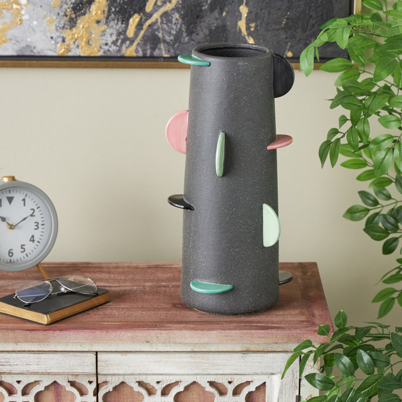 Cole And Grey Ceramic Textured Decorative Vase With Multicolor Half-Moon Accents, 16.2" H x 7.85" W x 7.5" D