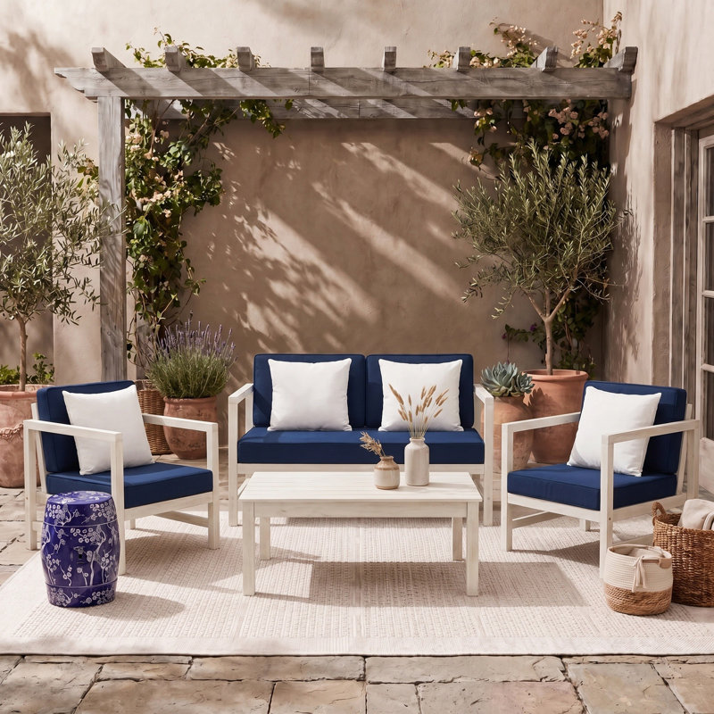 Ensemble de conversation pour 4 personnes Nidhi Eucalyptus, Structure blanche / coussin bleu marine