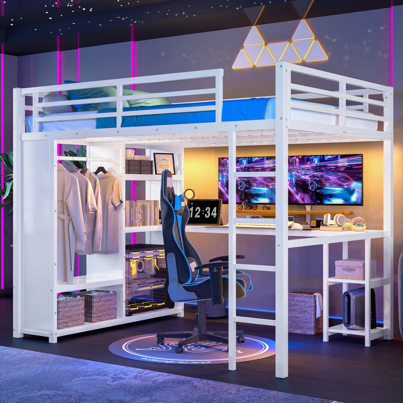 Structure de lit mezzanine grand format avec garde-robe intégrée, lit mezzanine en métal avec bureau et tablettes de rangement