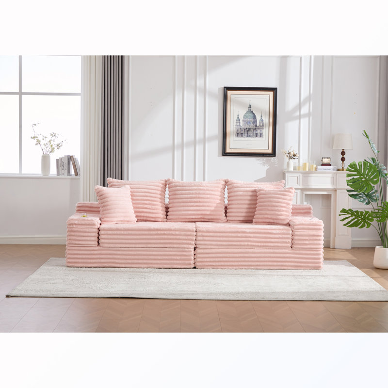 Canapé rembourré 4 places avec porte-gobelet et poches latérales et coussins, Pink Corduroy