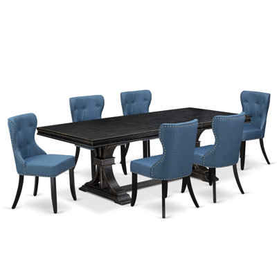 L'ensemble de table de cuisine 7 pièces se compose d'une table de cuisine et de 6 chaises de salle à manger en tissu de lin bleu avec dossier capitonné - Finition sable