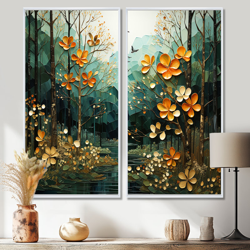 «Forest Enchanted Canopy Patchwork II», art mural corail, 20" H x 24" W, Impression encadrée flottante, Blanc