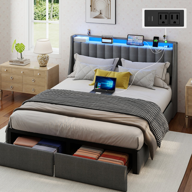 Queen Size Bed Frame with Headboard and 2 Storage Drawers, Upholstered Bed Built-In LED Lights and Charging Station, Queen