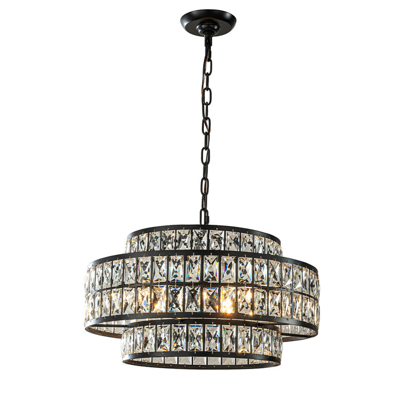 16'' Modern Crystal Chandelier Matte Black Finish 4-light Tiered Drum Pendant Light For Small Spaces Dining Room Entryway