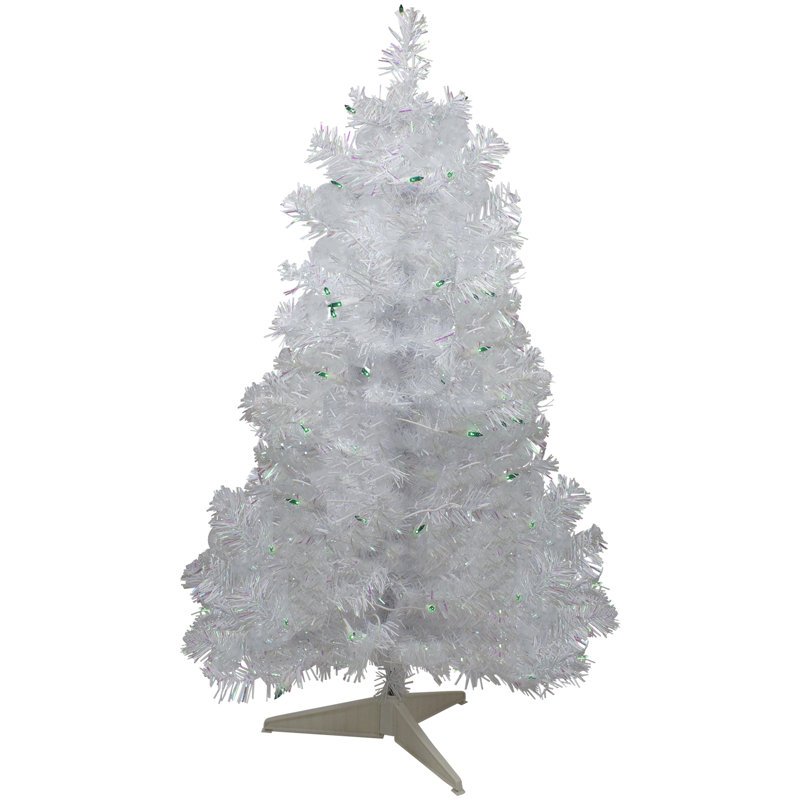 Arbre de Noël artificiel pin blanc pré-éclairé - lumières vertes, H 3 pi