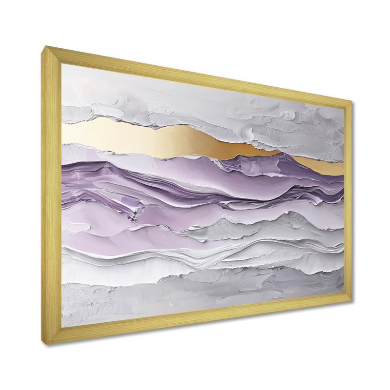 Lavande et pierres, horizon transitionnel I - art mural transitionnel grand, Cadre simple, H 24 po x l 32 po, Doré