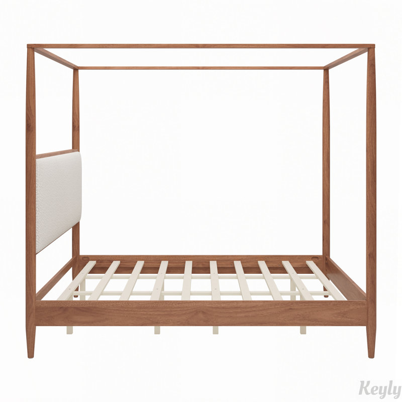 Lit plateforme à baldaquin en bois massif avec tête de lit capitonnée en tissu bouclé et sommier à lattes intégré, Queen