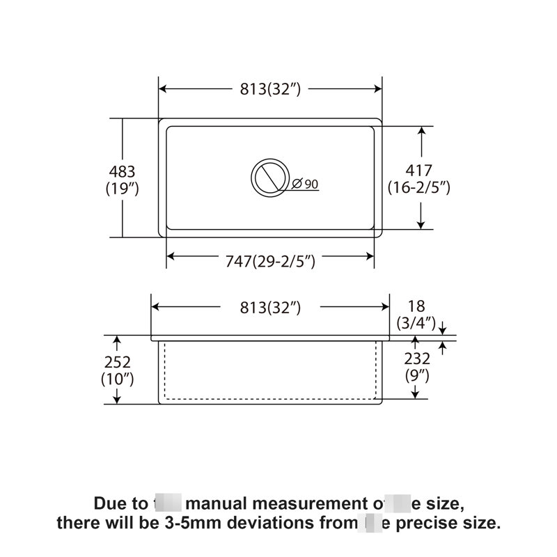 White Single Bowl Kitchen Sink, 32", Dual Mount, Deep Rectangular, High - Temperature Fired Undermount Basin, Impact