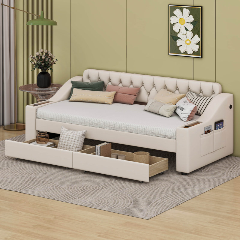Twin Size Upholstered Daybed with Storage Armrests and USB Port, Beige