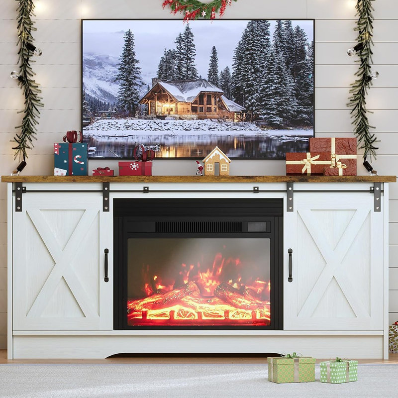 Meuble télé avec foyer et porte de grange coulissante blanche avec foyer électrique de 23 po et armoires de rangement réglables