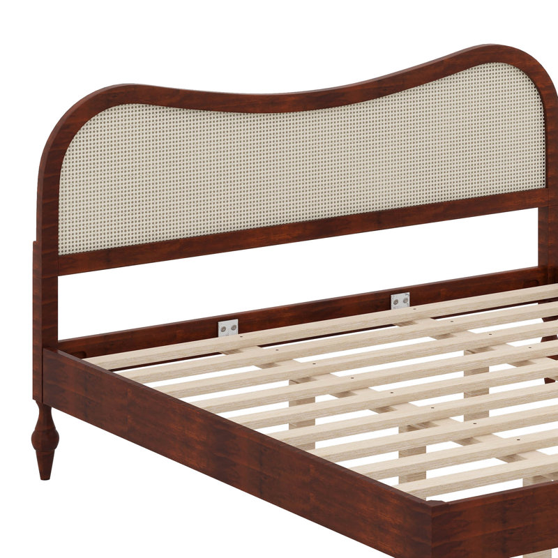 Cadre de lit avec tête de lit courbée en rotin, lit plateforme en bois avec sommier à lattes et rangement sous le lit, King