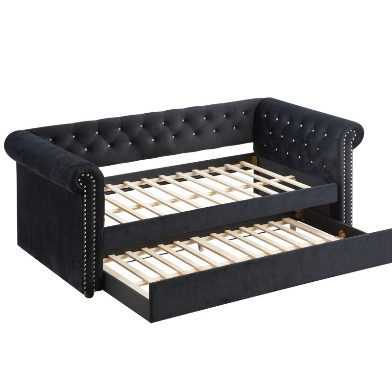 Luxurious 1Pc Modern Aesthetic Beautifully Button Tufted Nailhead Trim Design Daybed Built-In Pull-Out Trundle Bed Living Space Guest Room Bedroom