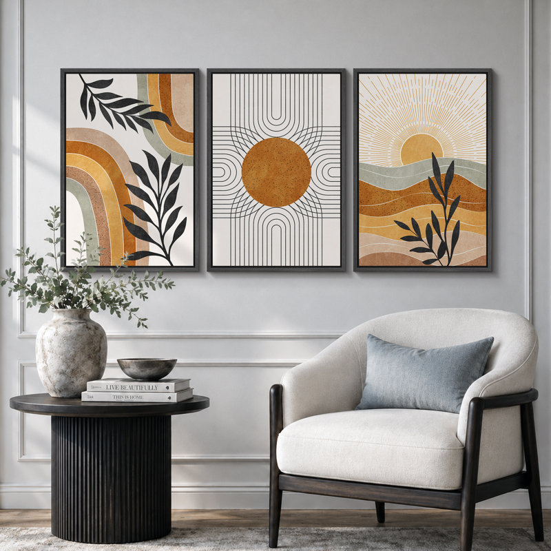 "Mid Western Modern Boho" Western Orange Brown Sun, H 36 po x l 72 po, Noir