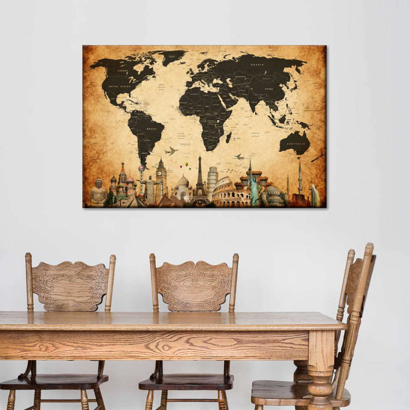 «World Map Vintage Repères World Map», reproduction sur toile, H 8 po x l 12 po x P 1 po