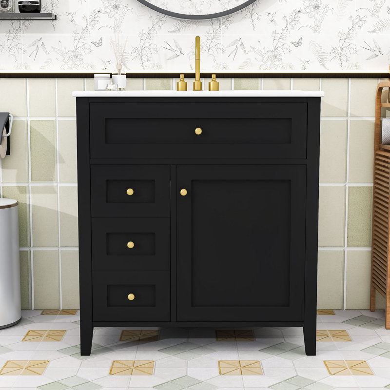 Meuble-lavabo moderne compact avec lavabo en céramique, tiroirs de rangement et tablette réglable, Noir