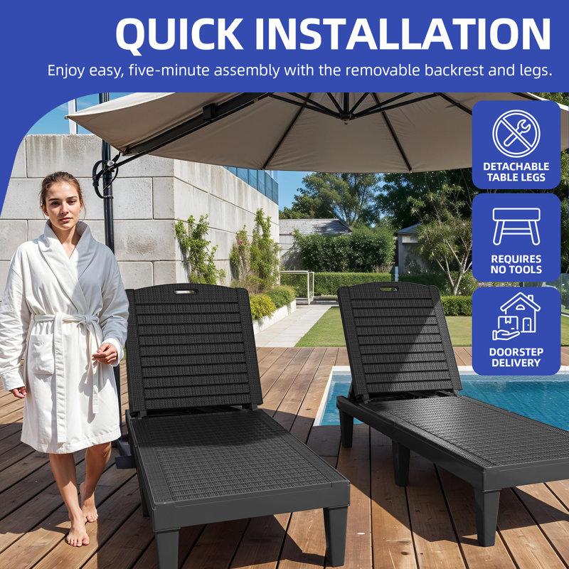 Black Resin Adjustable Outdoor Chaise Lounge with 5-Position Backrest