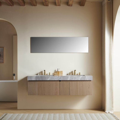 Meuble-lavabo de 60 po Muri avec lavabo, armoire de rangement flottante avec 2 tiroirs et portes, comptoir en pierre frittée gris clair et 2 lavabos en céramique avec 3 trous de robinet pré-percés, pré-assemblé, couleur grain de bois Heidelberg