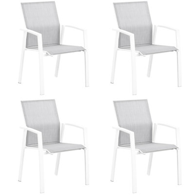 4 chaises de salle à manger d'extérieur en aluminium blanc, entièrement assemblées, mailles respirantes, empilables, capacité de poids de 360 lb, conception ergonomique, idéales pour recevoir 4 personnes, assemblées avec un confort empilable,