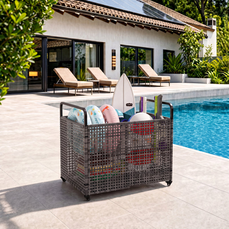 Bac de rangement flottant robuste pour piscine extérieure - Grand organisateur en filet avec roulettes et main courante - Rotin en PE résistant aux intempéries - Roulettes verrouillables - Banc de rangement de patio pour piscine - Taille: 85 x 66 x 91 cm, gris