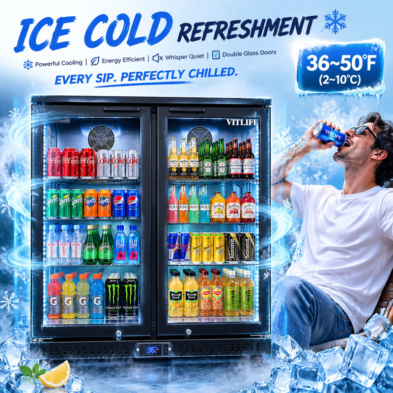 VITLIFE Back Bar Cooler with 2 Glass Doors， Under Counter Beverage Refrigerator with LED,7.5 Cu.Ft.，Counter Height Commercial Bar Fridge for Beer, Wine, Soda in Bar, Restaurant, Home