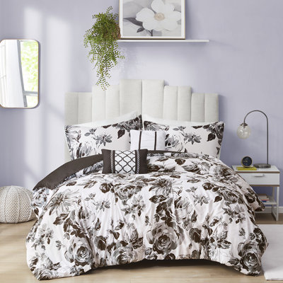 Édredon simple pour lit simple à motif floral, imprimé noir et blanc, rembourrage doux, 1 taie décorative, coussins décoratifs, édredon pour lit simple / simple lavable à la machine